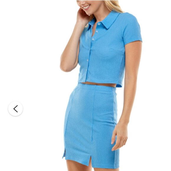 Ulta Flirt Blue Button Up Crop Top & Mini Skirt Set - Picture 2 of 12